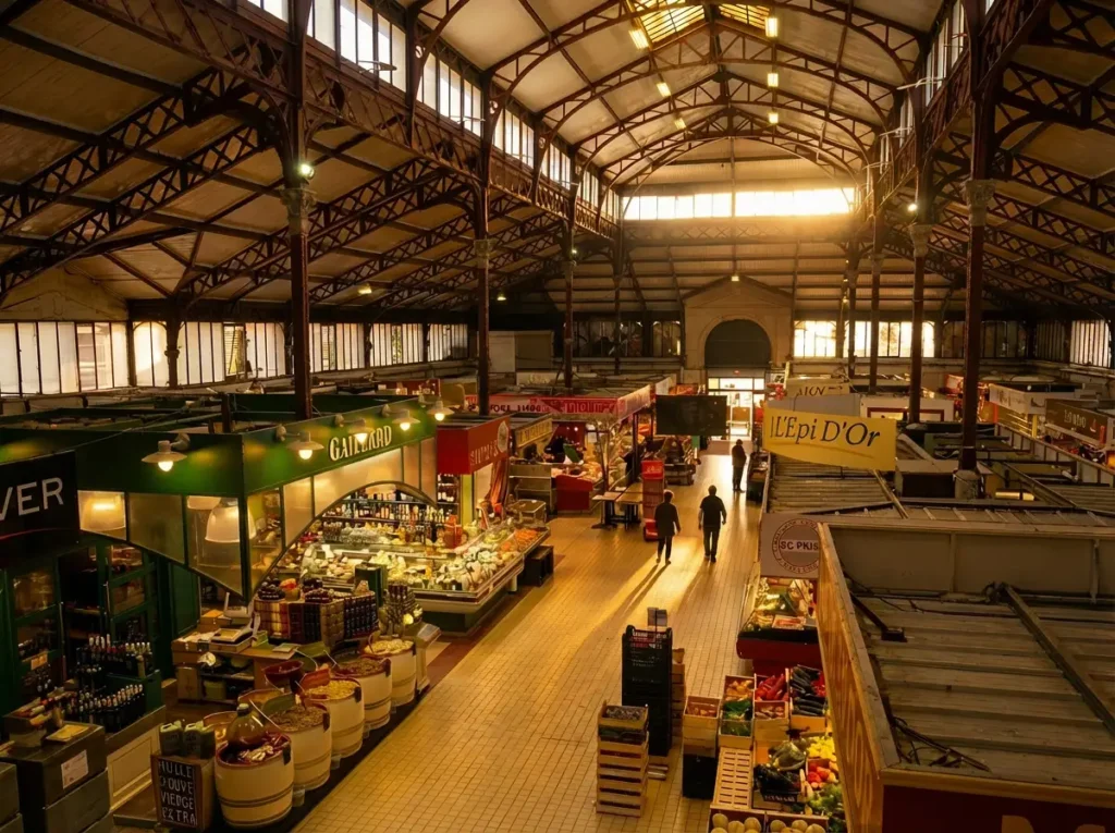 Vue intérieure des Halles de Narbonne, étals des commerçants et toit métallique.