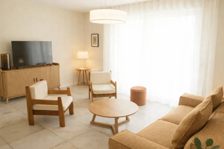 Le salon de l'appartement avec son canapé, ses fauteuils et sa table basse en bois.