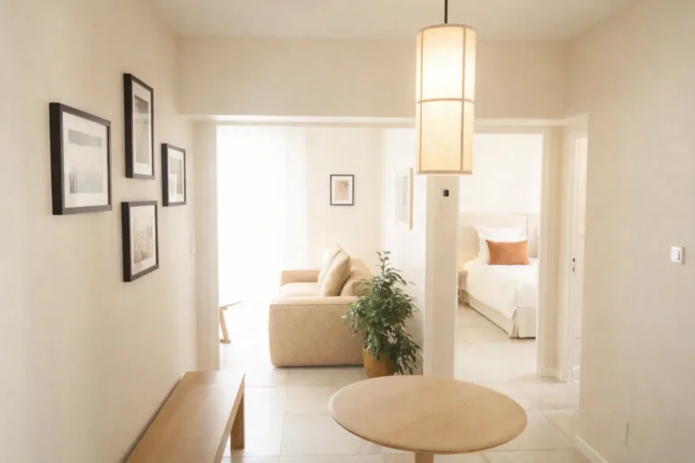 Intérieur de l'appartement lumineux avec sa table ronde en bois, ses cadres au mur, et l'ouverture sur le salon et la chambre.