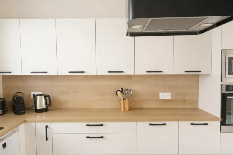 La cuisine de l'appartement, équipée de placards blancs et d'un plan de travail effet bois.